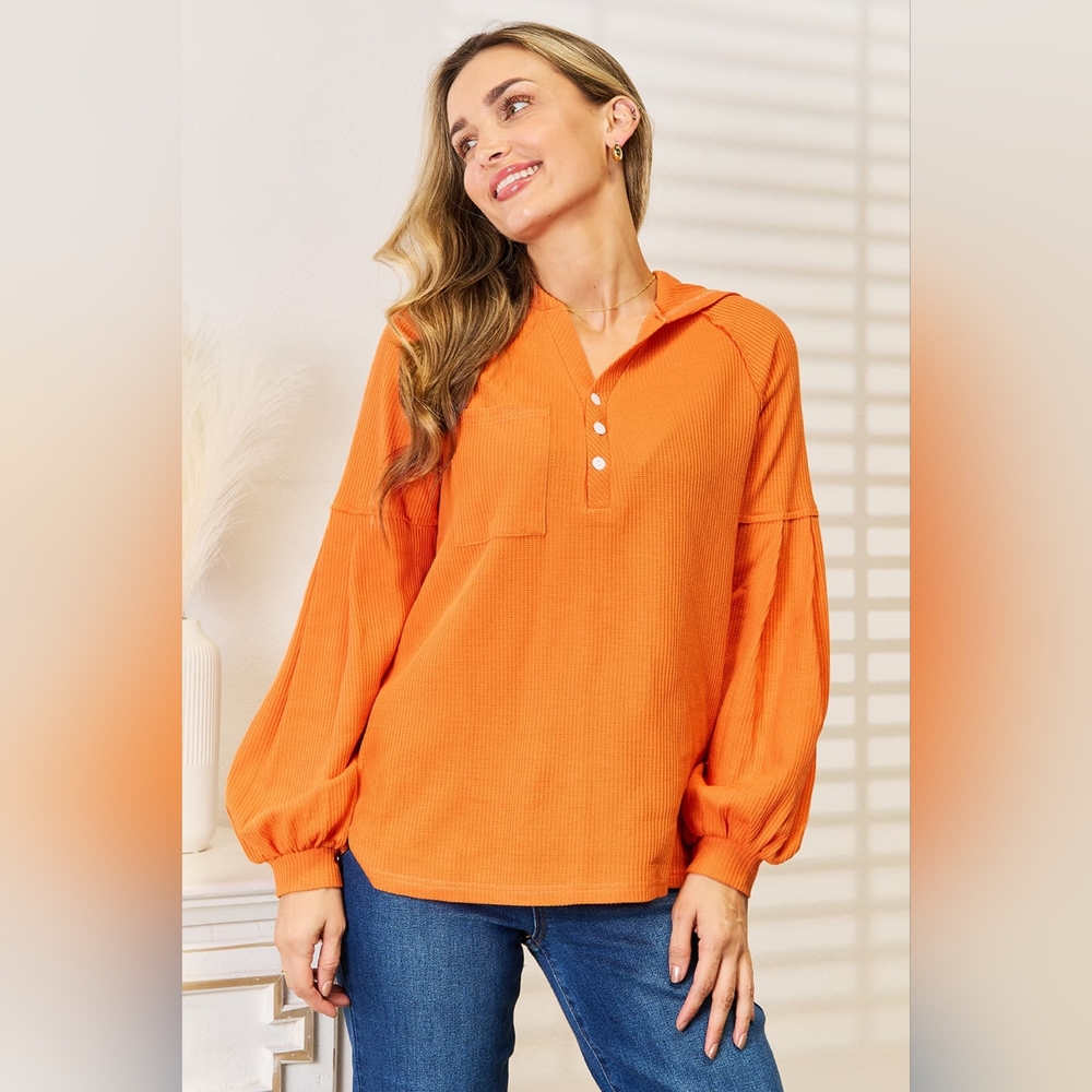 Basic Bae Side Slit Buttoned Waffle Knit Hoodie